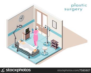 Isometric composition with surgeon and woman getting ready for plastic operation in surgery room 3d vector illustration