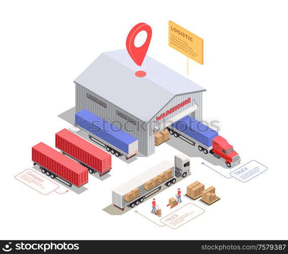 Isometric composition with trucks and containers near warehouse building and workers loading cargo 3d vector illustration