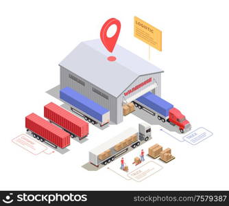 Isometric composition with trucks and containers near warehouse building and workers loading cargo 3d vector illustration