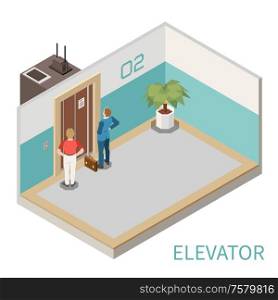 Isometric composition with two men waiting for elevator in hall 3d vector illustration