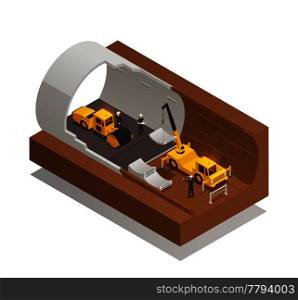 Isometric composition with underground tunnel construction process on white background 3d vector illustration. Tunnel Construction Composition