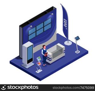 Isometric composition with woman and expo stand with monitor and handouts 3d vector illustration