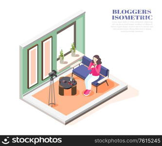 Isometric composition with woman beauty blogger recording video at home 3d vector illustration