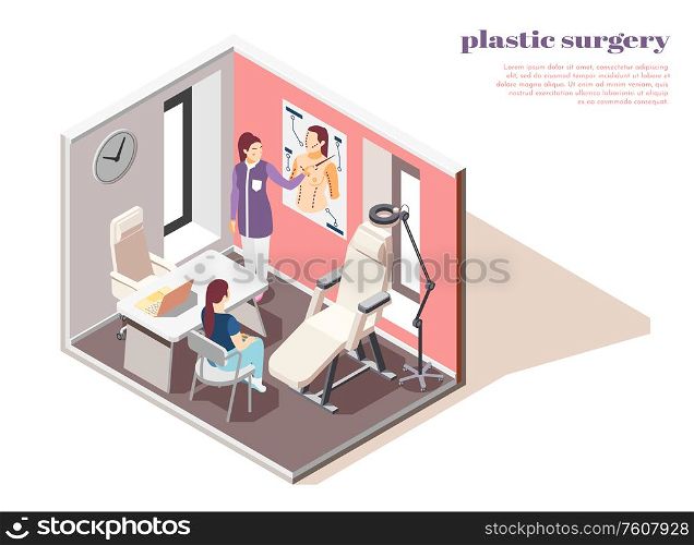 Isometric composition with woman consulting plastic surgeon 3d vector illustration. Plastic Surgeon Isometric Composition