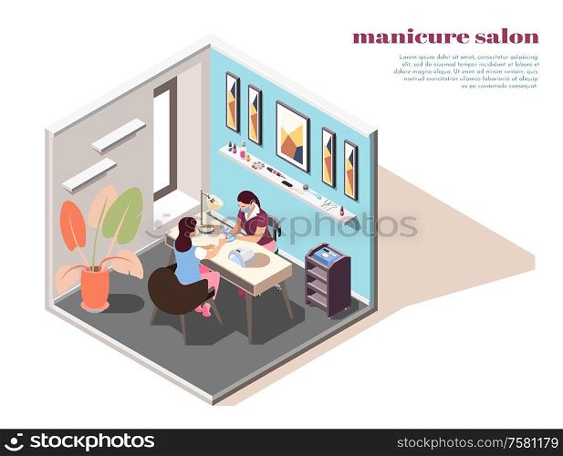 Isometric composition with woman having her nails painted in manicure salon 3d vector illustration