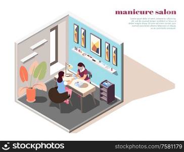 Isometric composition with woman having her nails painted in manicure salon 3d vector illustration