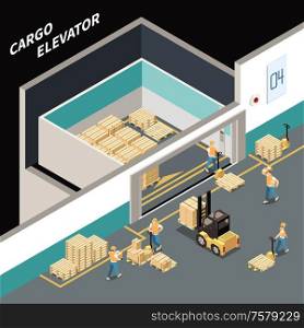 Isometric composition with workers loading cargo into big elevator 3d vector illustration