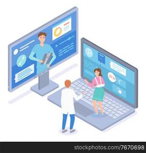 Isometric computer display, laptop with website. Woman patient with broken hand in gypsum consulting with two sawbones, surgeon through online medical cabinet. Concept of virtual medicine at distance. Woman with broken hand in gypsum consulting with two surgeons online at medical website, isometric