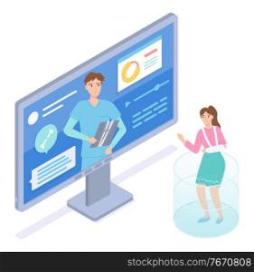 Isometric computer display with website. Woman patient with broken hand in gypsum consulting with sawbones, surgeon through online medical cabinet. Concept of online virtual medicine at distance. Isometric computer display, woman with broken hand in cast, online consultation with sawbones