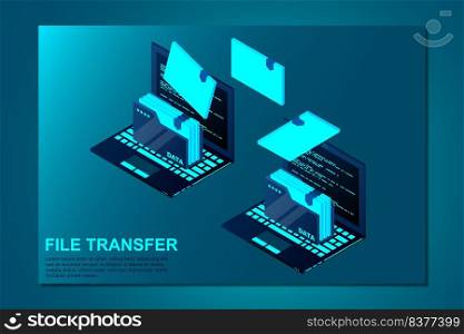 Isometric computer file transfer vector. Two Laptop computers with folders send and upload documents. Vector illustration.