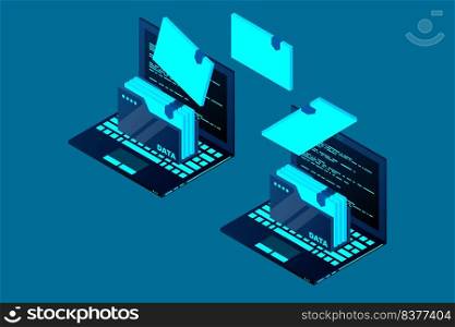 Isometric computer file transfer vector. Two Laptop computers with folders send and upload documents. Vector illustration.