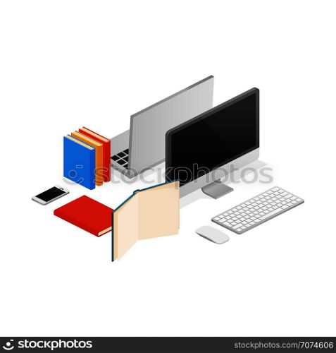 Isometric computer, laptop and some books. Office flat vector illustration. Isometric computer, laptop. Office flat vector illustration