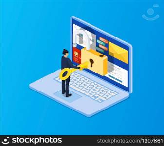 isometric Concept of hacking. hief or hacker use key to hack into laptop. Cyber attacker trying to hack computer. hacker and cyber security network concept. vector illustration in flat design. Concept of hacking.