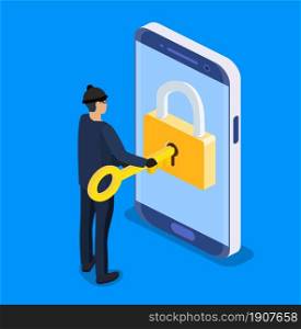 isometric Concept of hacking. thief or hacker use key to hack into smartphone. hacker and cyber security network concept.. thief or hacker use key to hack