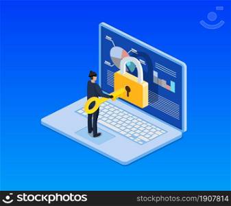 isometric Concept of hacking. Thief trying to hack personal information and download data. Cyber attacker trying to hack computer. vector illustration in flat design. Concept of hacking.