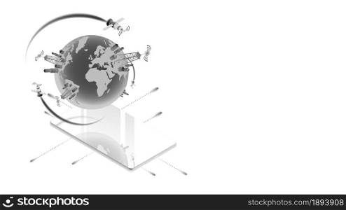 Isometric concept of high speed satellite communication 5g or wifi with smartphone and copy space isolated on white. 3d planet Earth with cell towers above the phone screen. Vector illustration.