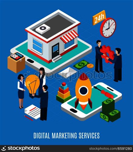 Isometric concept with 24 hours online digital marketing services on blue background 3d vector illustration. Digital Marketing Isometric Concept