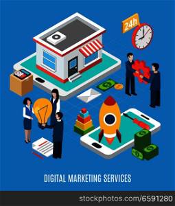 Isometric concept with 24 hours online digital marketing services on blue background 3d vector illustration. Digital Marketing Isometric Concept