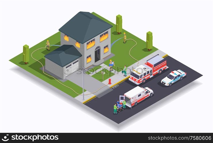 Isometric concept with building on fire and emergency cars 3d vector illustration