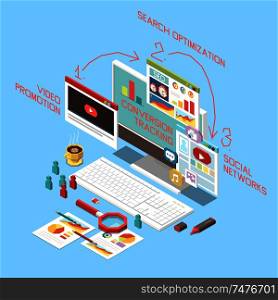 Isometric concept with conversion rate optimization stages 3d vector illustration