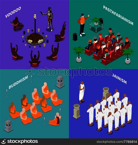 Isometric concept with people from religion buddhism, jainism, rastafarianism, voodoo during ritual or sermon isolated vector illustration. Religions People Isometric Concept