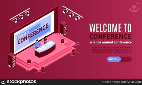 Isometric conference hall horizontal banner with images of stage and tribunes with editable text and button vector illustration