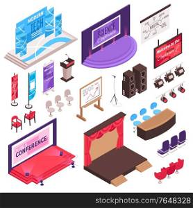 Isometric conference hall stage presentation tribune set with isolated tribunes seats advertising flags and lightning equipment vector illustration