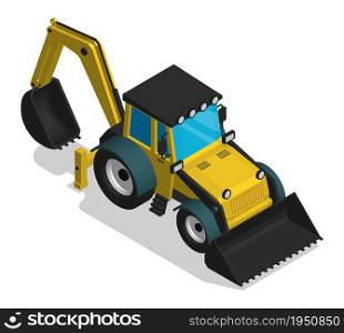 Isometric Construction equipment tractor with front and rear bucket. Industrial machinery and equipment. Realistic cartoon 3d vector isolated on white background