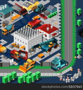 Isometric construction machines concept with low poly tracktors and bulldozers on the road vector illustration. Isometric Construction Machines Concept