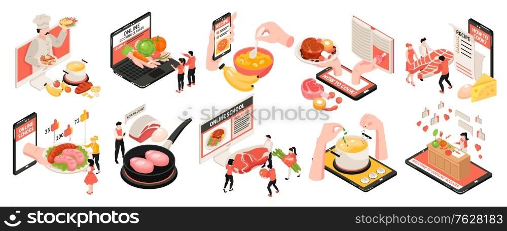Isometric cooking school blog set of isolated gadget icons and food images with people and dishes vector illustration