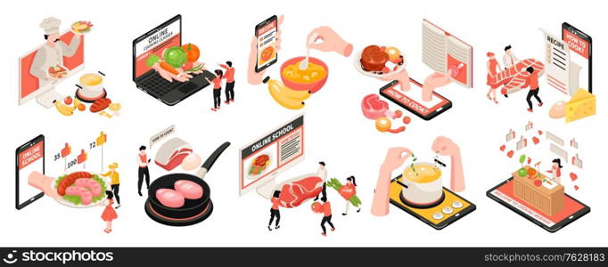 Isometric cooking school blog set of isolated gadget icons and food images with people and dishes vector illustration