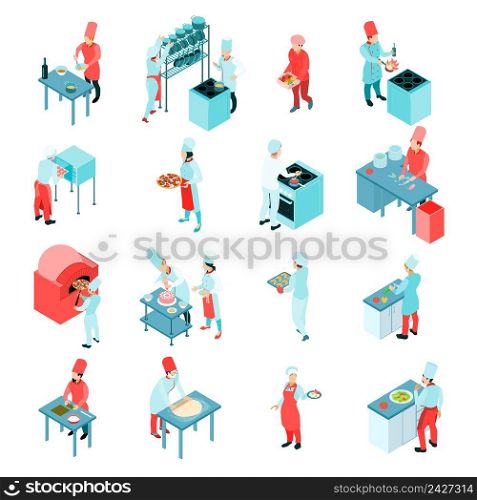 Isometric cooking set with chef working on restaurant kitchen and serving food vector illustration. Isometric cooking set