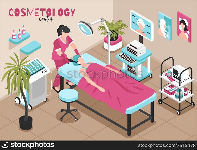 Isometric cosmetologist composition with indoor view of cosmetology clinic room with patient and medical specialist characters vector illustration