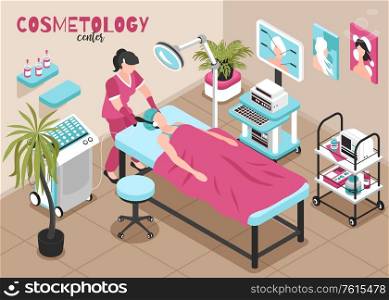 Isometric cosmetologist composition with indoor view of cosmetology clinic room with patient and medical specialist characters vector illustration