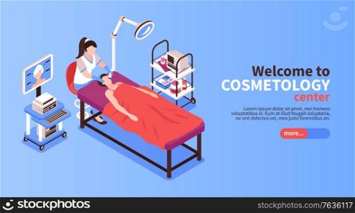 Isometric cosmetologist horizontal banners with text more button and images of medical apparatus during facelift procedure vector illustration