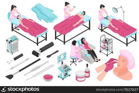 Isometric cosmetologist horizontal set with isolated icons of professional medical equipment and images of cosmetological procedures vector illustration