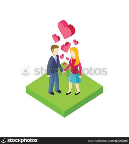 Isometric couple walk design flat. 3d people outdoor, together couple man and woman, young people walk, adult woman walking, friendship lover pair, walkway rest vector illustration