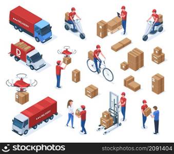 Isometric couriers, delivery service workers and logistic transport. Parcels delivery logistic truck, delivery man, boxes vector illustration set. Delivery service 3d elements. Shipping with drone. Isometric couriers, delivery service workers and logistic transport. Parcels delivery logistic truck, delivery man, boxes vector illustration set. Delivery service 3d elements