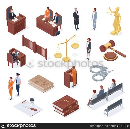 Isometric court, judge, litigation, lawyer, court and jurors. Judiciary pass and acquittal sentence vector illustration set. Justice and jury symbols. Legal gavel and lawyer, hammer and attorney. Isometric court, judge, litigation, lawyer, court and jurors. Judiciary pass and acquittal sentence vector illustration set. Justice and jury symbols