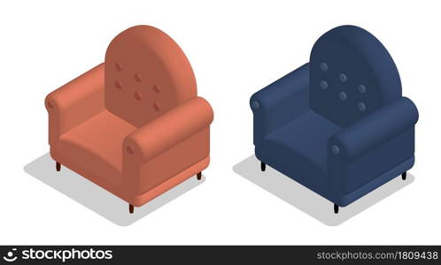 Isometric Cozy home chair for watching TV and relaxing at home after work. Furniture. Realistic 3D vector isolated on white background