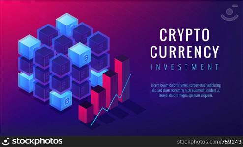 Isometric cryptocurrency investment landing page concept. Online automated BTC trading investment and business oportunity on ultra violet background. Vector 3d isometric illustration.. Isometric cryptocurrency investment landing page concept.
