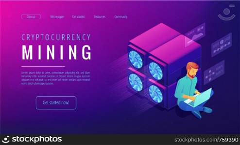 Isometric cryptocurrency mining landing page concept. Blockchain global system, video card server farm, data processing unit equipment on ultra violet background. Vector 3d isometric illustration.. Isometric cryptocurrency mining landing page concept.