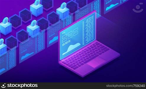 Isometric cryptocurrency trading landing page concept. Trading strategy, platform, cryptocurrency wallet and stock exchange on ultra violet background. Vector 3d isometric illustration.. Isometric cryptocurrency trading landing page concept.