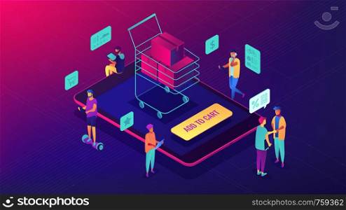Isometric customers purchasing with tablets and shopping cart with boxes. Online store, e-commerce, online website purchase concept. Ultra violet background. Vector 3d isometric illustration.. Isometric mobile shopping and purchase illustration.