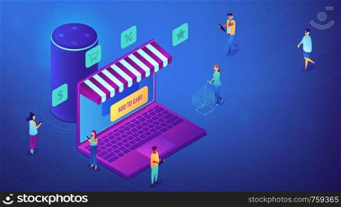 Isometric customers shopping online, laptop screen and smart speaker illustration. Mobile shopping and marketing, e-commerce concept. Blue violet background. Vector 3d isometric illustration.. Isometric online shopping and smart speaker illustration.