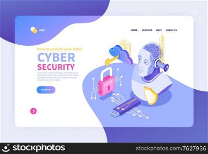 Isometric cybersecurity concept banner for website with network pictogram icons clickable links and read more button vector illustration