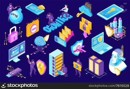 Isometric cybersecurity horizontal set of isolated icons and robber characters with electronic devices and protection signs vector illustration