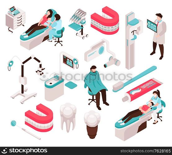 Isometric dantist dental center set with isolated medical equipment icons tooth implant images and human characters vector illustration