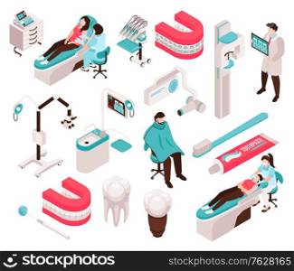 Isometric dantist dental center set with isolated medical equipment icons tooth implant images and human characters vector illustration