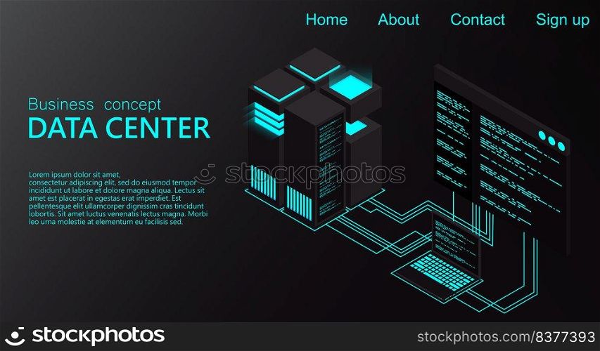 Isometric Data center. 3d isometric concept big data center with server. Creative vector illustration of server rack room. High technology vector illustration.